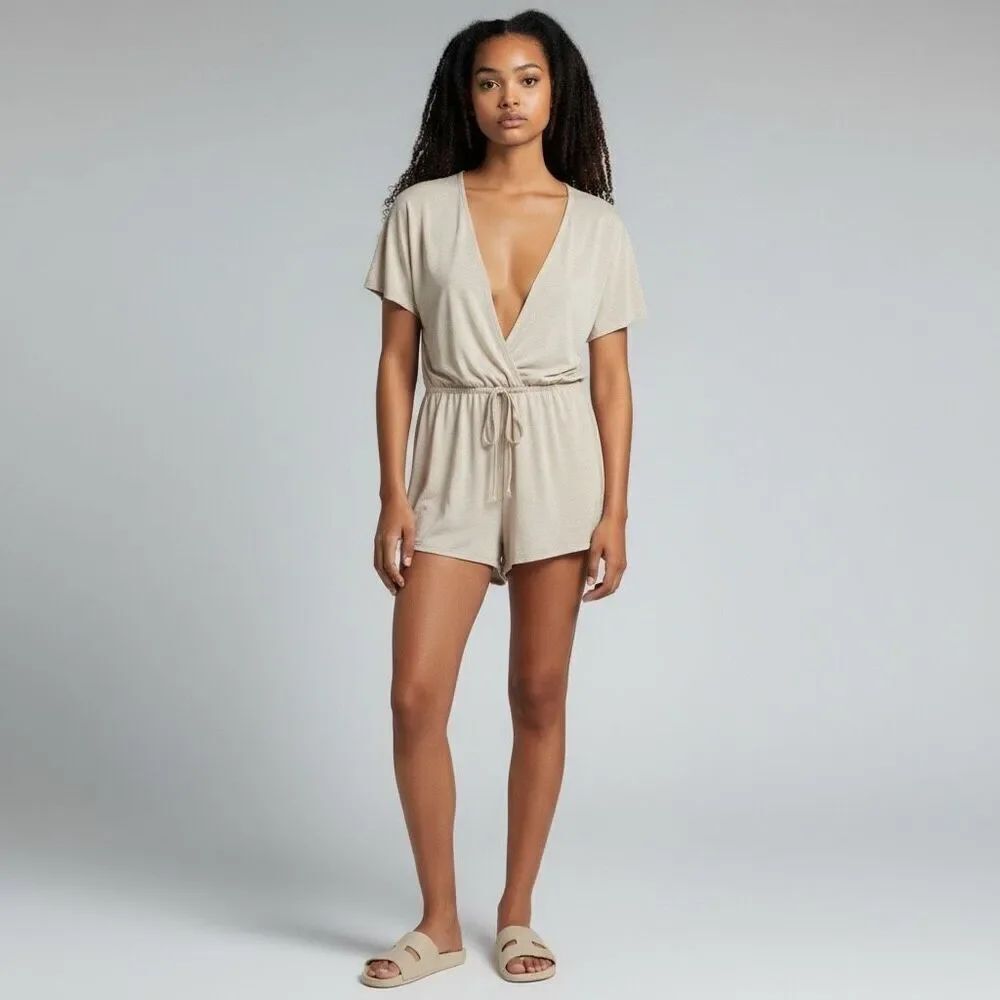 NWT Victoria Secret Cream Beige Sleep Romper size M Short Sleeve V Neck
